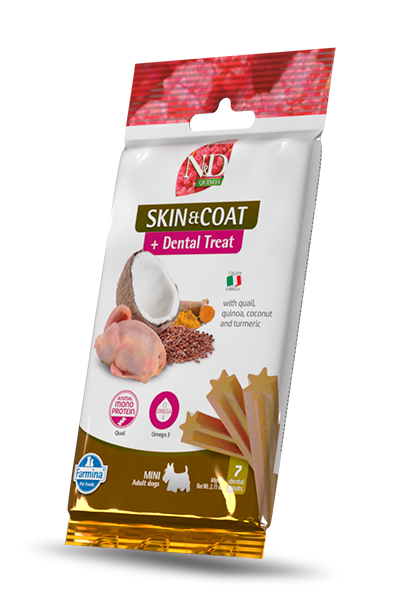 Дентални лакомства Skin & Coat с пъдпъдъче месо за мини кучета