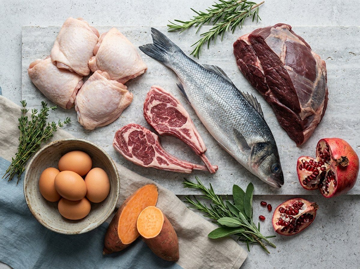 Fresh ingredients: chicken, lamb, wild boar, fish, eggs, sweet potato and pomegranate