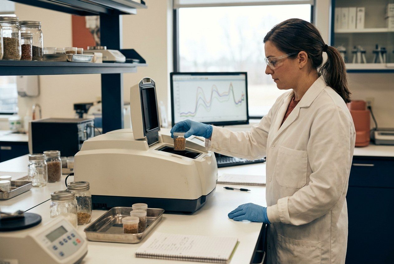 Farmina lab technician running NIR analysis on an incoming raw material sample