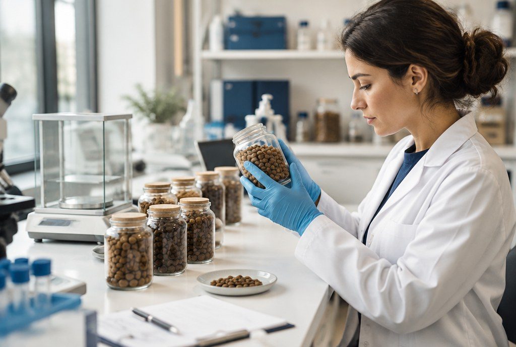 Quality control lab: technician inspecting retained kibble samples for batch traceability