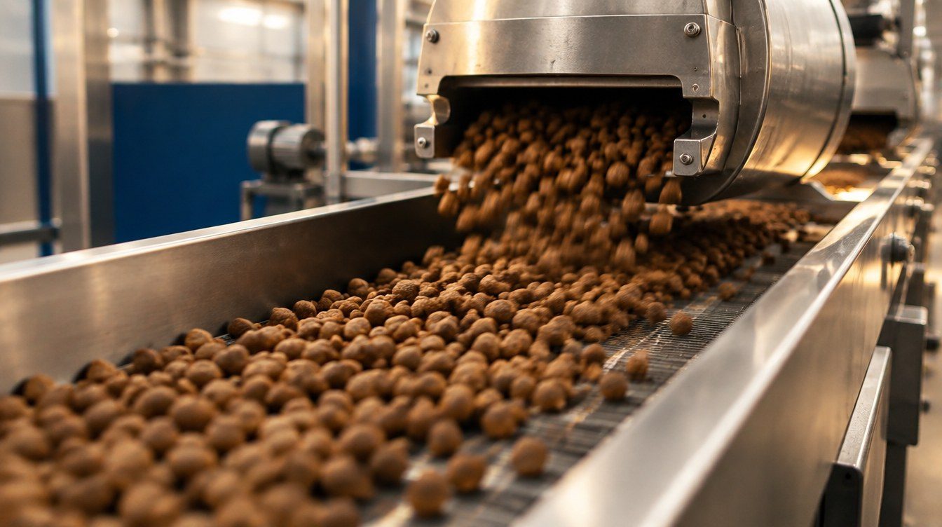 Freshly extruded kibble moving along the production line